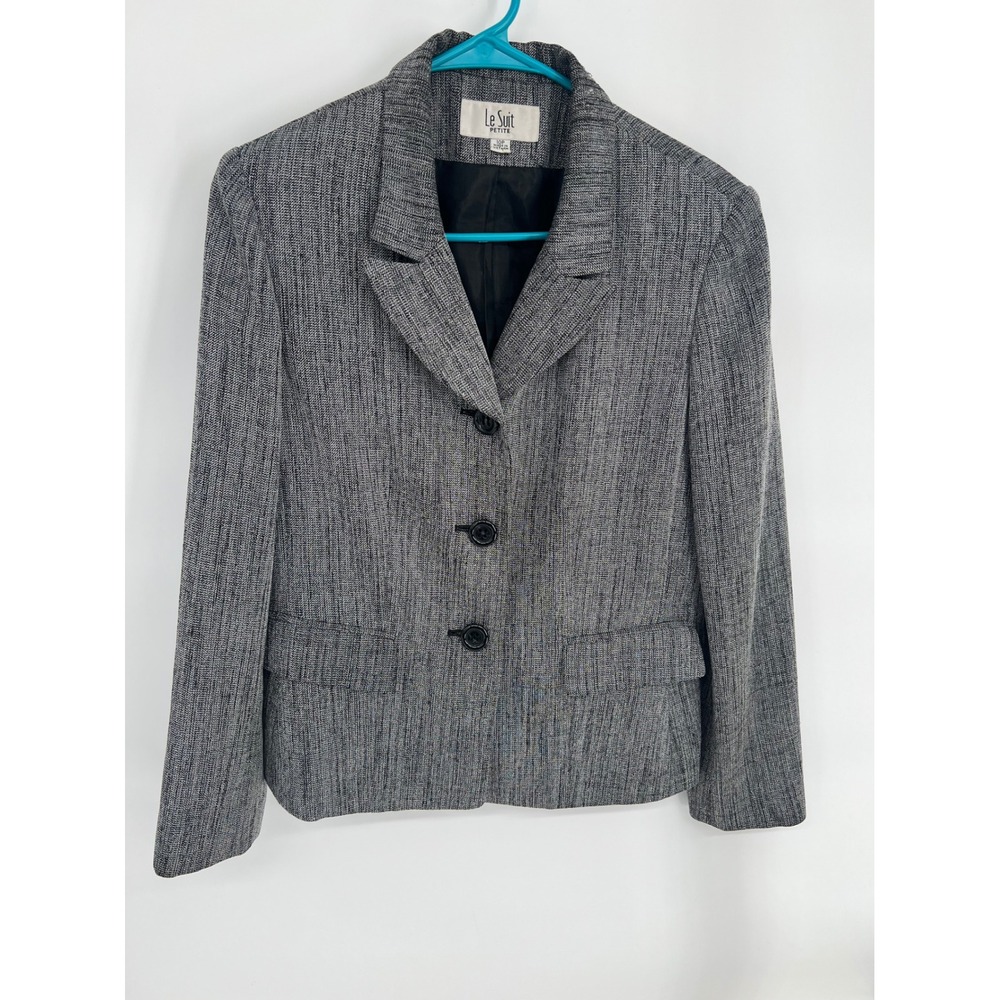 Le Suit Petite Blazer Womens 10P Gray Black Texture 3 Button Professional Jacket